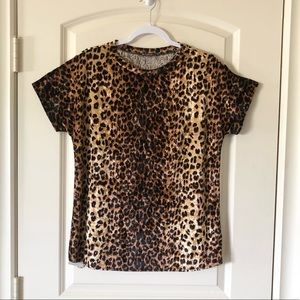 BomBom Leopard Print Velour Short Sleeve Top Size L Fall Layering Piece